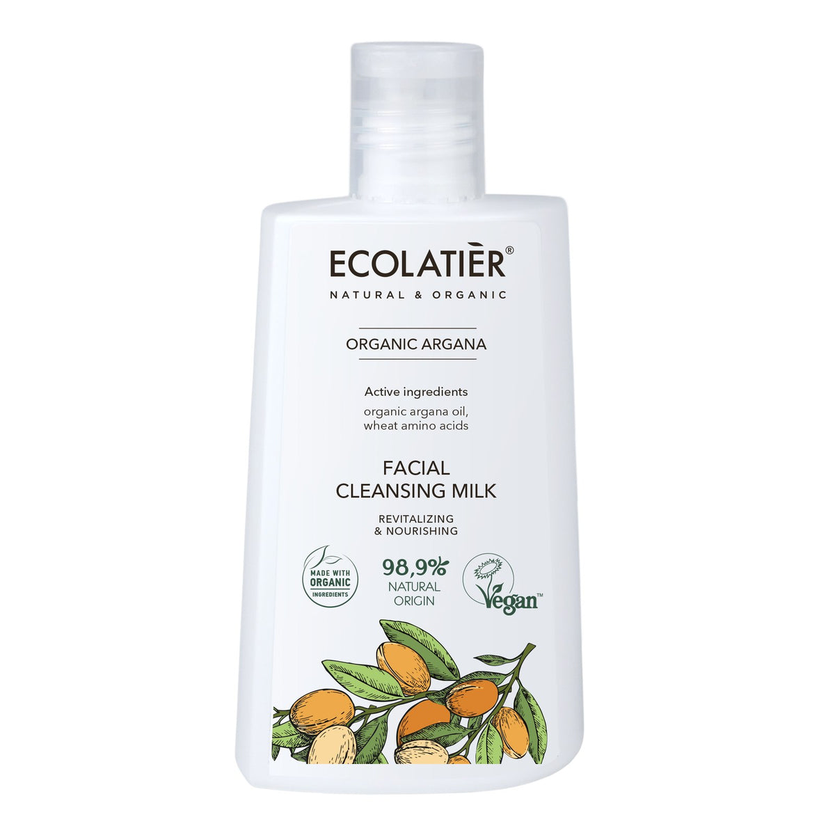 Ecolatier atjaunojošs un mitrinošs attīrošais pieniņš sejas ādas attīrīšanai ar argāna eļļu, 250ml